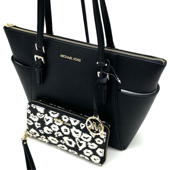 Michael Kors Large Charlotte Tote Bag & Large Continental Wallet Wristlet Black - Picture 11 of 15